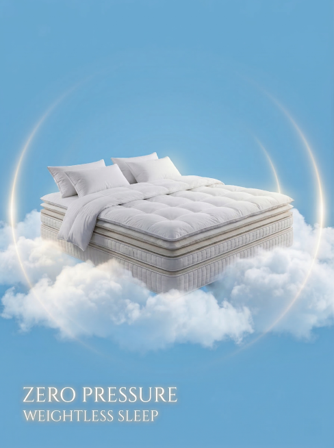 将图片的黑色夜空背景替换为纯净的天蓝色，保留床垫、云朵、文字和金色光环元素，风格自然协调预览效果