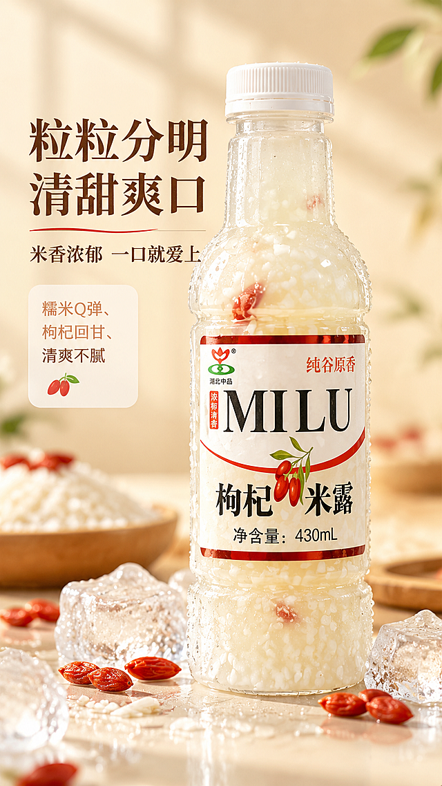 [商品] 使用【图1】千秋雨枸杞米露430mL瓶装；保留透明瓶身、白色瓶盖、全部标签文字与图案，保留瓶内米粒与枸杞的真实质感；瓶身下半部做冷凝水珠效果，增强冰爽感，不改变瓶体结构。
[画面] 目标：口感质地特写，冰感清爽+质地微距型。构图：产品居中占画面70%，特写瓶身中段，清晰展示瓶内悬浮的糯米颗粒与枸杞；瓶身表面布满细密冷凝水珠，底部有少量冰块与散落枸杞；背景为浅米色渐变虚化。前景水珠特写、中景瓶身米粒、后景虚化背景，3层视觉层次。阅读动线从瓶身向四周发散。
[视觉] 套系策略：风格=温润治愈中式轻食商业摄影；标题字=宋体粗体（带手写感衬线）；正文字=简洁无衬线体；主色=米杏白；背景延展=基于米杏白做深浅层级、同色渐变和细腻宣纸/木质纹理；强调色=枸杞红，仅用于小面积图标、引线、标签和重点词高亮；标题色=深棕褐；正文色=暖灰棕；组件=圆角浅米信息卡、细红引线、枸杞米粒小图标；光影=左前侧暖柔光，带轻微窗格影。
[文字] 左侧竖排区域（文字横排）放主标题「粒粒分明 清甜爽口」，副标题「米香浓郁 一口就爱上」，下方配短句口感描述：糯米Q弹、枸杞回甘、清爽不腻；文字全部横排，不遮挡瓶身标签核心区域。
[规格] 图片比例9:16竖版，4K分辨率，负向提示：避免瓶身变形、标签错乱、米粒模糊、水珠虚假、冷蓝过重、文字竖排。