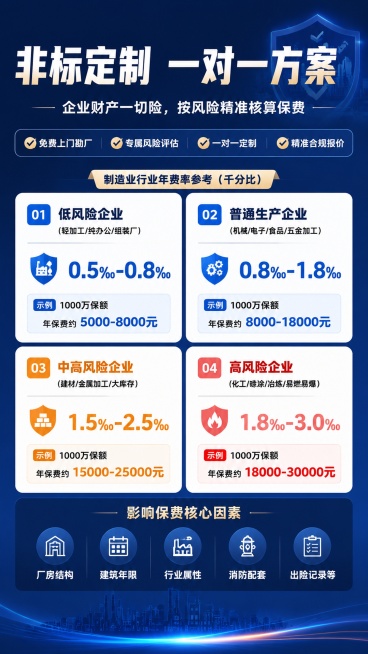 专业清晰企业保险服务海报，整体深蓝稳重配色，简约商务风格，排版精美。顶栏主标题“非标定制 一对一方案”（粗体），副标题“企业财产一切险，按风险精准核算保费”。上方放置装饰文案“✅免费上门勘厂 ✅专属风预览效果