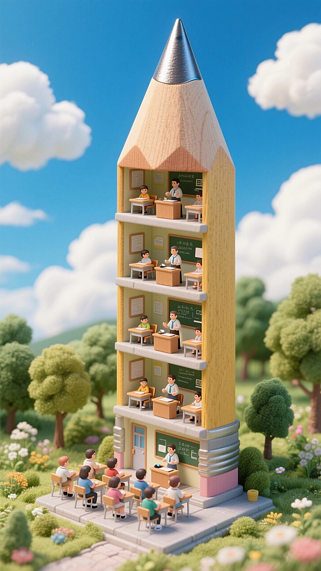 一根巨大的铅笔大楼内部有很多教室，每间教室内都有一名教师和一群听课的学生。外面是蓝天白云和大自然环境。