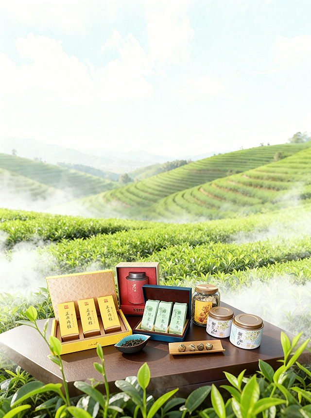 降低背景天空和远山的饱和度，将整体背景修改成淡雅山水画风格，保持产品完全不变，只把产品主体向下移动位置，保持3:4竖版比例，保留云雾缭绕效果和虚化背景，画质清晰自然。