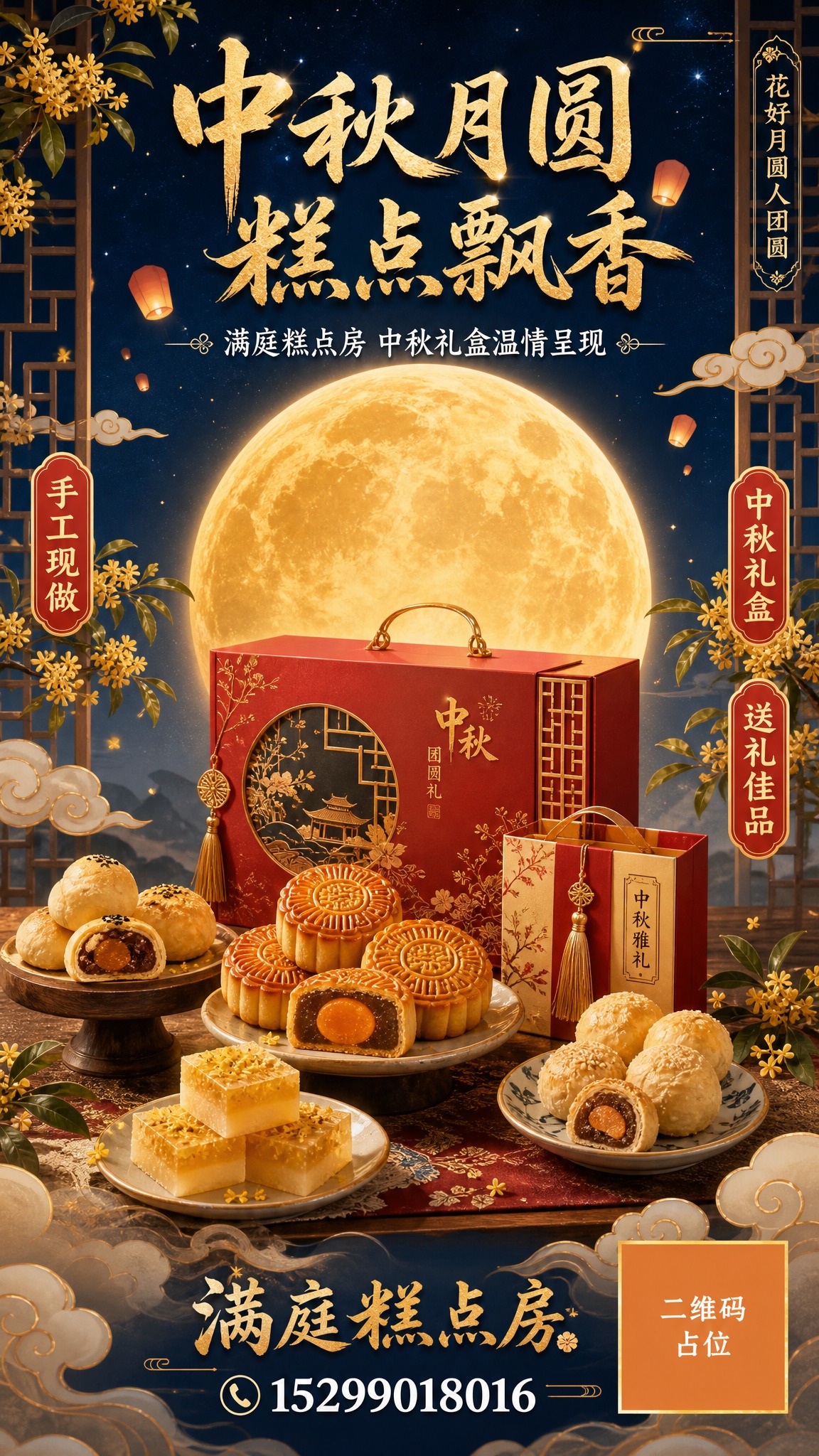 一张中秋节蛋糕店宣传海报，竖版9:16，国风新中式工笔风格，温… - 图片创意预览
