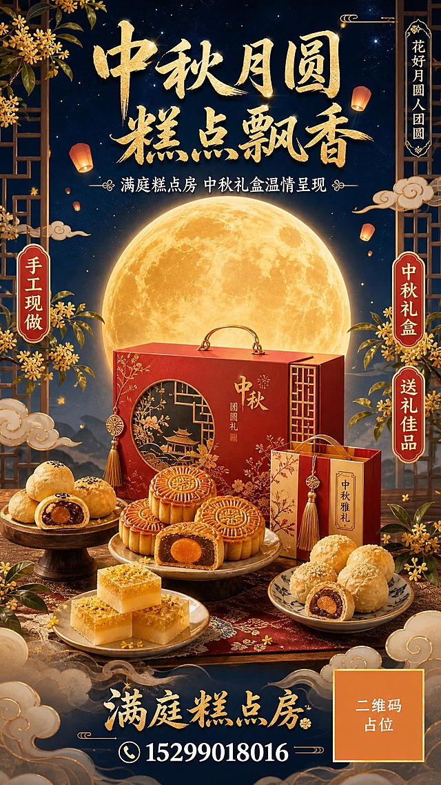 一张中秋节蛋糕店宣传海报，竖版9:16，国风新中式工笔风格，温馨雅致的中秋节日氛围。

【画面主体】：画面中央偏上位置是一轮硕大的金色满月，月光柔和洒下；月亮下方摆放着精美的中式糕点礼盒与各式月饼、桂花糕、酥点，糕点色泽金黄诱人，摆盘精致。

【背景与氛围】：深靛蓝色渐变夜空，点缀着点点星光与飘动的孔明灯；画面两侧有淡雅的桂花枝、祥云纹样与中式窗棂剪影；底部有淡淡的云雾缭绕，整体氛围团圆温馨、古色古香。

【文字排版】：
- 主标题（画面上方居中，金色书法大字）："中秋月圆 糕点飘香"
- 副标题（主标题下方，白色小字）："满庭糕点房 中秋礼盒温情呈现"
- 卖点标签（画面中部左右两侧，红底金边圆角标签）："手工现做"、"中秋礼盒"、"送礼佳品"
- 店铺名称（画面底部，醒目金色字体）："满庭糕点房"
- 联系电话（店铺名下方，白色清晰字体）："15299018016"
- 装饰短句（画面角落小字）："花好月圆人团圆"

【二维码区域】：画面右下角放置一个橙色纯色方块占位符，方块中央标注"二维码占位"文字，严禁生成任何可识别的二维码图案。

【配色】：主色调为暖金色、朱砂红、深靛蓝，点缀米白与桂花黄，传统中秋配色，高级有质感。

【版式】：版式精美，层级分明，上下结构；顶部主标题，中部糕点礼盒主视觉，底部店铺信息与二维码区域；四周留足安全边距，所有文字清晰可读。

【约束】：画面中所有信息区域必须填充完整合理的内容，不得出现空白框、空白占位、横线待填写区域；画面中所有数字必须精确渲染，不得错位、遗漏或编造；整体为完整可用的成品海报。