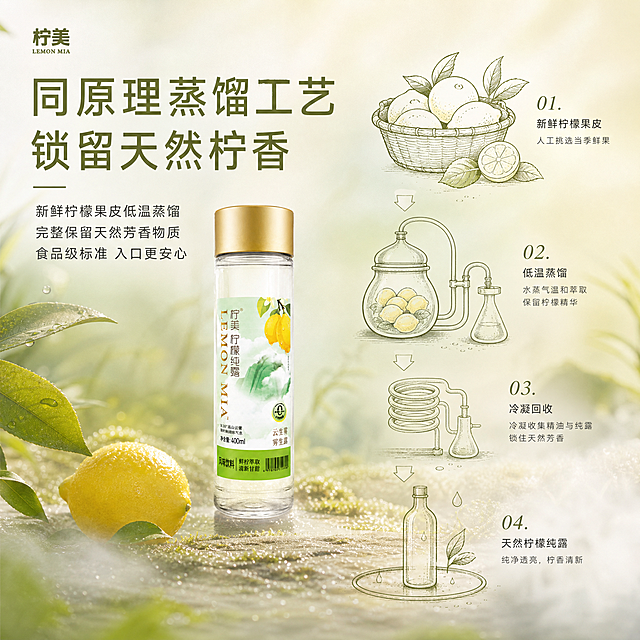 电商主图3工艺价值款，对标护肤纯露萃取工艺示意图风格，整体浅黄浅绿渐变色调，有露水薄雾氛围感，带简约自然场景。用简约线条画展示柠檬蒸馏过程，突出天然感。产品瓶身置于画面中。标题大字："同原理蒸馏工艺 锁留天然柠香"。正文："新鲜柠檬果皮低温蒸馏 完整保留天然芳香物质 食品级标准 入口更安心"。细黑体字体，简约艺术美学，清透高级感，参考图2图3的视觉调性和光影质感
