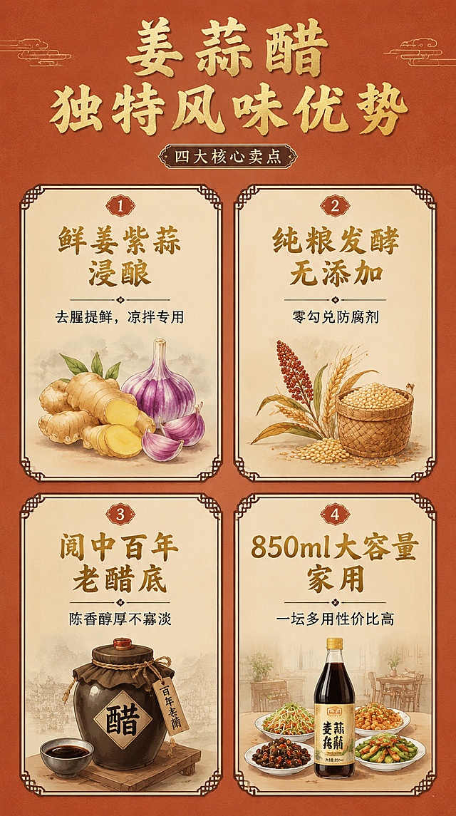 [第5屏] 核心卖点姜蒜醋独特风味优势页。
[氛围/风格] 清晰直观，暖调柔和，老字号沉稳质感。
[元素布局] 陶土暖红复古底色，4个圆角中式方框分区展示4大核心卖点，每个方框搭配对应小插画：1.鲜姜紫蒜浸酿搭配生姜大蒜插画，2.纯粮发酵无添加搭配高粱谷物插画，3.阆中百年老醋底搭配老醋坛插画，4.850ml大容量家用搭配家用餐桌插画；整体分区清晰，元素对应卖点。
[光影质感] 整体柔光均匀，每个卖点区域亮度一致，文字清晰可读，无明显硬阴影。
[配色色系] 全局底色#c16b48（陶土暖红），方框底色老宣纸米白，卖点标题烫金色，边框老式窗棂纹样深酱黑，配色统一复古暖调。
[视角构图] 四格等分布局，规整对称，阅读舒适。
[文字版式] 每个卖点标题采用烫金复古粗楷字，下方搭配宋体卖点说明：「去腥提鲜，凉拌专用」「零勾兑防腐剂」「陈香醇厚不寡淡」「一坛多用性价比高」；字体风格保持全套统一，文字在方框内居中排版，层级清晰。
[比例分辨率] 宽度750px，高度1334px，9:16 竖版比例，4K分辨率，文字清晰可辨，高清画质。
[负向提示词] 方框变形，文字错位，颜色刺眼，插画和卖点不匹配，文字模糊。