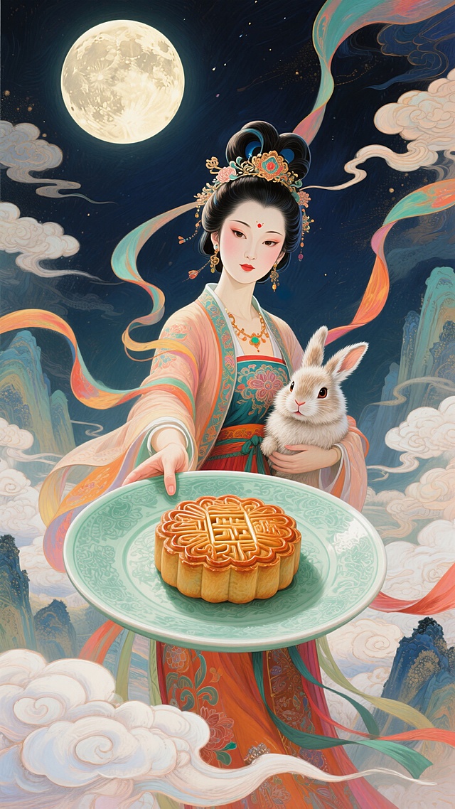 缠着精美汉服的嫦娥上半身近景特写，右手拿着巨大的青瓷圆盘，伸向前面，里面有月饼，左手抱着毛茸茸的玉兔，人物看向前方，强烈的仰视透视感，广角镜头，背景是缀着圆月的深色夜空，流云。