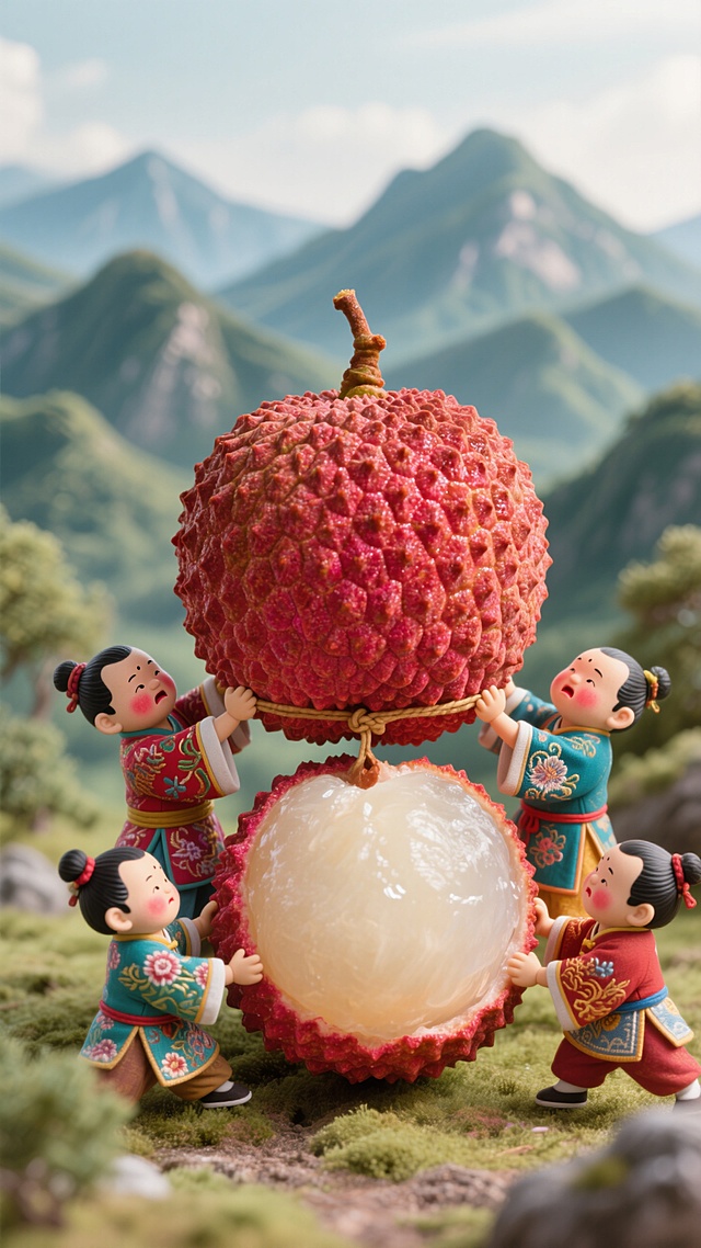 几个迷你唐装小人吃力的拉着一个巨大的荔枝，荔枝占视觉中心，背景是在一片山脉中
