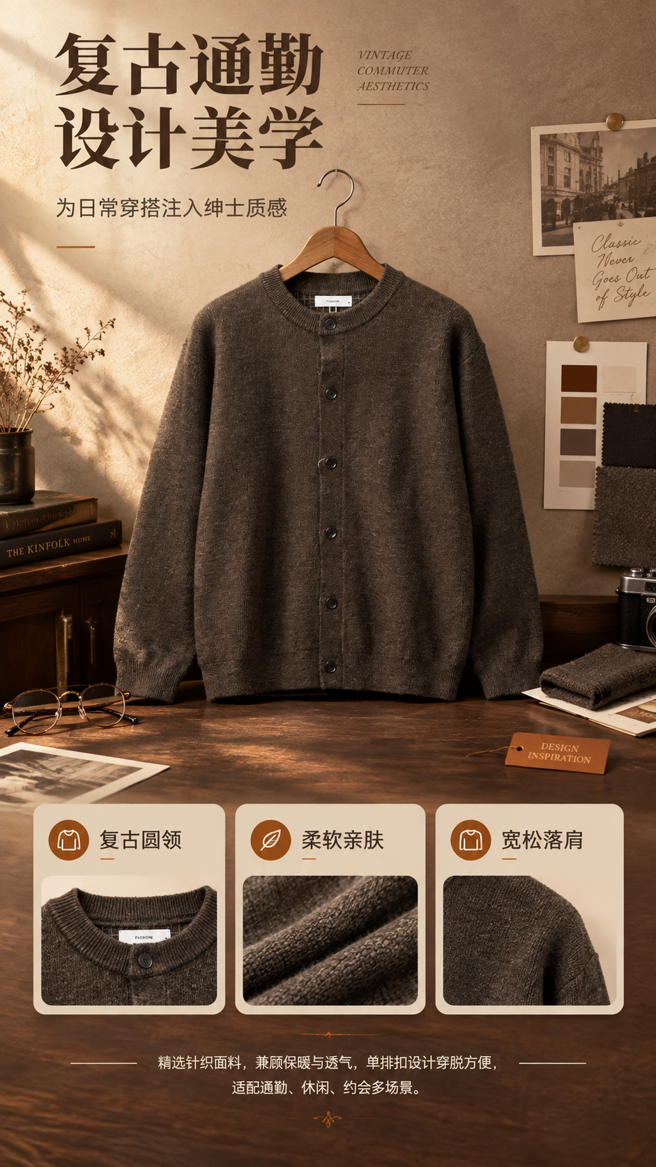 [商品] 使用【图1】深咖色男士圆领针织开衫；商品处理：保留圆… - 图片创意预览