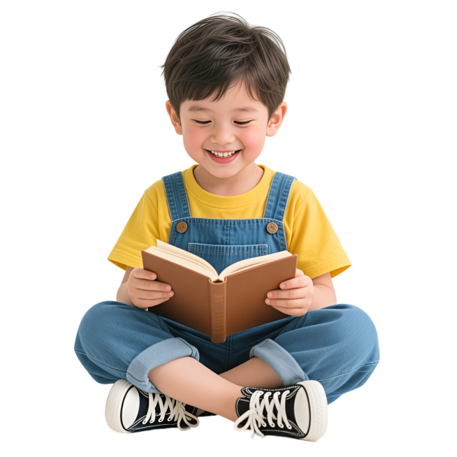 画面中心是个笑容甜甜的小男孩，他穿着黄色短袖 + 蓝色背带裤，脚踩黑白色休闲鞋，盘腿坐着，手里还捧着本棕色小书专注阅读～纯白色背景预览效果