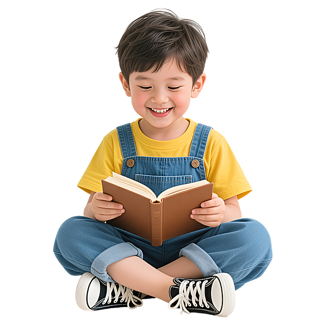 画面中心是个笑容甜甜的小男孩，他穿着黄色短袖 + 蓝色背带裤，脚踩黑白色休闲鞋，盘腿坐着，手里还捧着本棕色小书专注阅读～纯白色背景