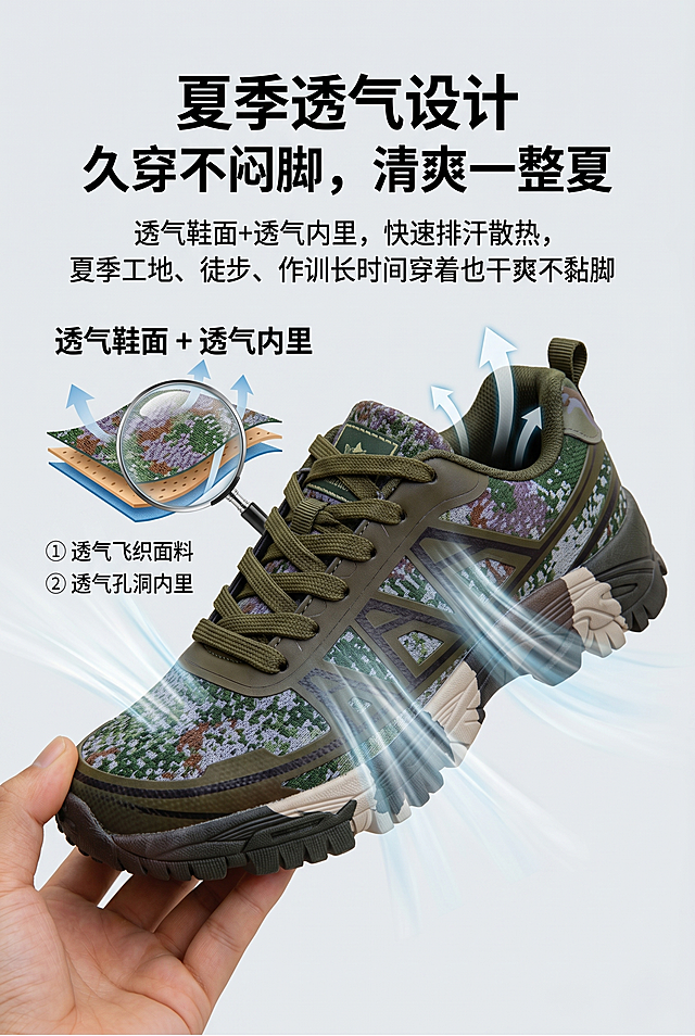 主标题“夏季透气设计”，副标题“久穿不闷脚，清爽一整夏”，核心文案“透气鞋面+透气内里，快速排汗散热，夏季工地、徒步、作训长时间穿着也干爽不黏脚”，鞋款侧面特写，聚焦透气鞋面细节，用气流动态效果展示透气性，背景为浅灰色调，突出夏季清爽质感，搭配“透气不闷脚”视觉示意，贴合新式鞋款的舒适定位，主标题用粗体醒目字体，核心卖点文案用常规字体，字号比主标题小1-2号