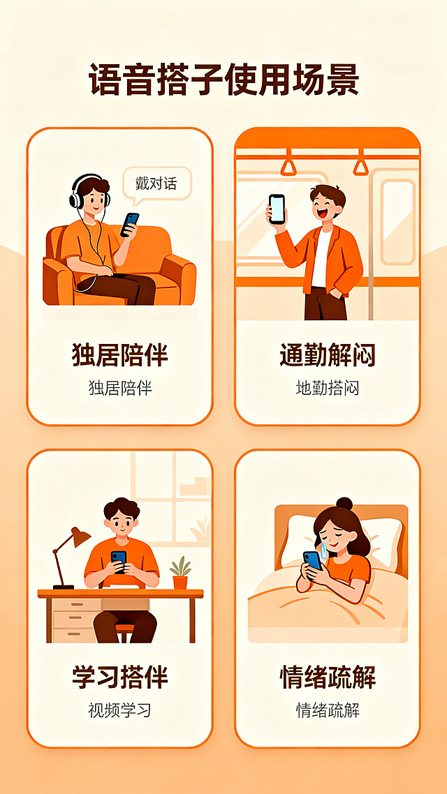 语音搭子服务详情页-使用场景模块图，暖橙简约风格，展示独居陪伴、通勤解闷、学习搭伴、情绪疏解四个使用场景，搭配对应生活化小插画，风格亲切温暖