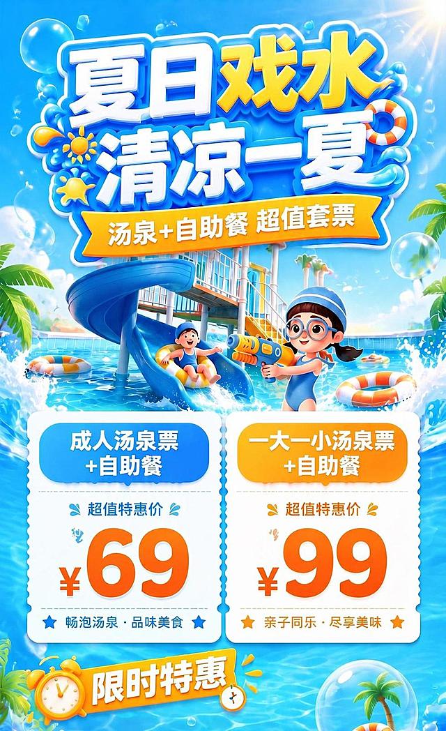将图片中成人汤泉票+自助餐的价格从¥59修改为¥69，保持其余设计元素、文字、颜色、风格完全不变