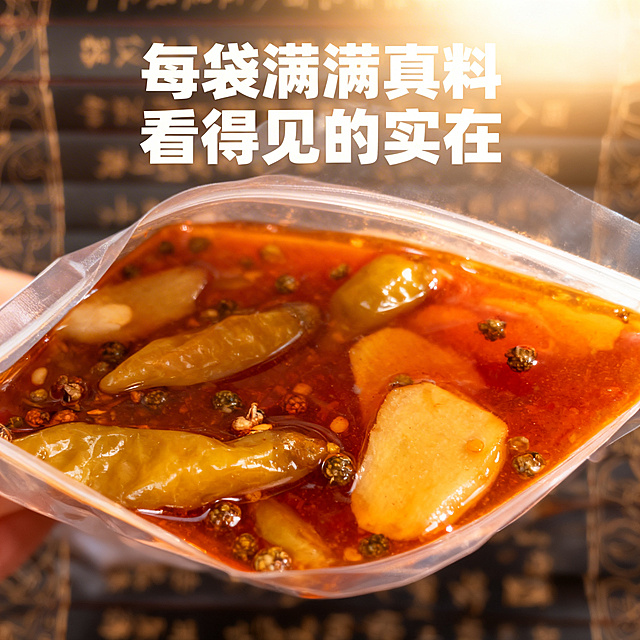 [主图 3] 梁山民间泡椒底料细节主图，主图主题：满满真料 微距特写，氛围风格：食欲感微距特写，浓郁油润质感；画面元素：微距特写打开包装袋后的底料内部，清晰可见大块泡椒、泡姜、花椒颗粒沉淀在底料中，油光饱满，纹理清晰，突出料足的特点，背景虚化只保留产品内容，自然暖逆光突出油润通透感；配色色系：主色调：红棕色油润底料，辅助色：泡椒嫩绿色、花椒深褐色、姜片米黄色；视角构图：微距平视，主体占满全屏；文字版式：上方主标题 "每袋满满真料 看得见的实在"，加粗白色无衬线字体，悬浮在画面上方留白位置，不遮挡核心食材特写；