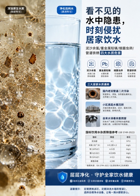 左右对半分屏构图，左侧原生浑浊水质微距特写，右侧净化后纯水通透特写，虚实对比构图；光影：顶位散射自然光，微距透光光影，放大水垢、余氯、重金属杂质颗粒光影质感，清水透光折射光斑，明暗反差共情视觉；主次文预览效果