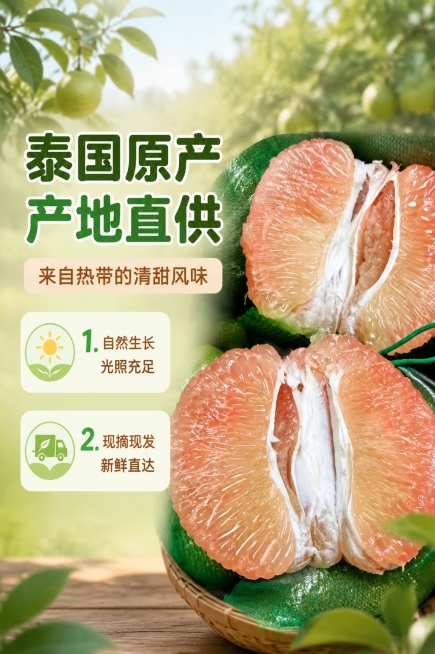 [第2屏] 产地溯源展示屏-泰国翡翠红心蜜柚产地优势介绍。本屏使用【图2】作为产品主体展示。
[氛围/风格] 自然清新风，热带产地氛围，真实生鲜摄影质感，清晰通透。
[元素布局] 对半切开的蜜块放置在预览效果