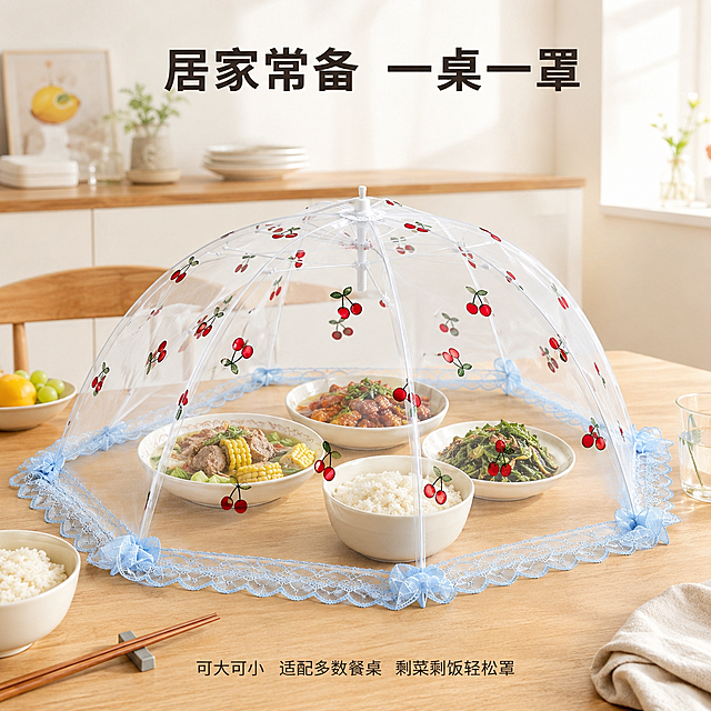 [主图-4] 饭菜罩多场景适用展示图。
[氛围风格] 生活化温馨场景，自然代入感；
[画质] 商业摄影质感、光线柔和通透、产品清晰真实、画面干净高级。
[元素] 展示饭菜罩在日常家庭餐桌使用，刚做好的家常菜装盘后直接罩上，摆放位置自然，展示折叠打开的使用状态，背景为干净整洁的现代餐厅厨房一角，环境温馨真实。保持饭菜罩外观、颜色、印花和原图完全一致，没有变形。产品主体占比约70%，场景自然不抢主体。
[光影] 自然光线下的真实用餐环境，光线温暖柔和，整体通透明亮，符合日常居家氛围。
[配色] 浅木色餐桌+米白墙面，搭配产品红蓝浅色，整体和谐温馨，干净通透。
[视角构图] 平视日常拍摄视角，景深自然，场景层次清晰。
[文字版式] 顶部文字「居家常备 一桌一罩」，深色粗体；底部文字说明「可大可小 适配多数餐桌 剩菜剩饭轻松罩」，文字小巧清晰，不遮挡产品主体。
[比例分辨率] 1:1 比例，2048px*2048px，文字清晰锐利，超高清。
[负向提示词] 变形，水印，文字错乱，产品图模糊，背景杂乱，场景过于复杂，遮挡主体。
