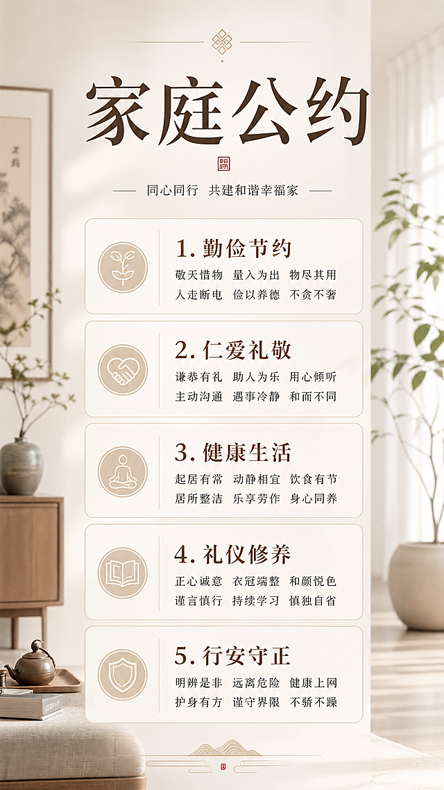 高雅大气简洁的《家庭公约》海报，文字排版设计。标题"家庭公约"，内容分为五个部分：1.勤俭节约：敬天惜物   量入为出   物尽其用  人走断电  俭以养德  不贪不奢；2.仁爱礼敬： 谦恭有礼  助人为乐  用心倾听  主动沟通  遇事冷静  和而不同；3.健康生活：起居有常  动静相宜  饮食有节  居所整洁  乐享劳作  身心同养；4.礼仪修养：正心诚意  衣冠端整  和颜悦色  谨言慎行  持续学习  慎独自省；5.行安守正：明辨是非  远离危险  健康上网  护身有方  谨守界限  不骄不躁。整体风格简约高级，干净优雅的家居背景，清晰文字排版。