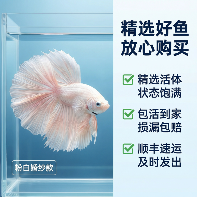 [主图 3]
[主图主题] 粉白泰国斗鱼多场景服务承诺
[氛围/风格] 简约高端信任感，干净通透氛围
[画面元素] 左侧小图展示斗鱼完整全景，右侧分点展示服务承诺，背景为浅渐变蓝色水下背景，整体简洁不预览效果
