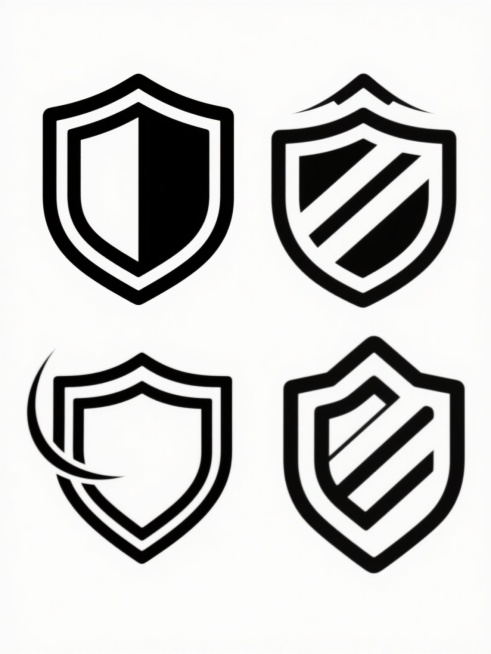 极简风格四个不同样式的盾牌图标设计，白色背景，图标呈黑色线条勾勒，排列整齐，每个盾牌具有独特细节设计，线条简洁流畅，现代感强，矢量图形，轮廓清晰，无填充色，仅黑白两色，视觉层次分明，信息传达直接，适合作为标识或UI元素使用。预览效果