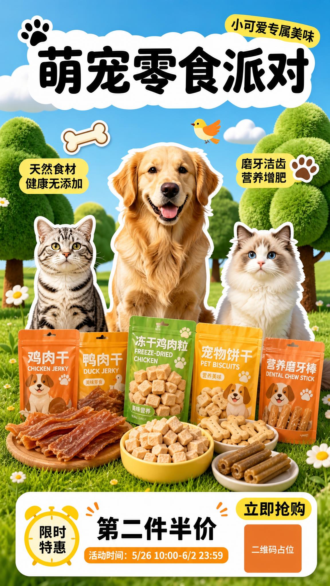 参考原图的版式骨架与卡通可爱氛围，生成一张宠物零食主题的海报。… - 图片创意预览