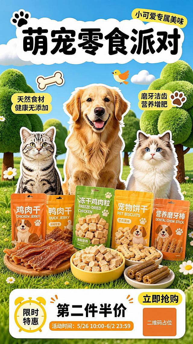 参考原图的版式骨架与卡通可爱氛围，生成一张宠物零食主题的海报。保留原图的云朵形大标题区、左右圆角标签、底部信息栏、毛绒质感绿树草地蓝天的卡通3D风格，将主题替换为宠物零食。

画面分区：
[顶部主标题区]：白色云朵形圆角底，黑色粗体大字主标题"萌宠零食派对"，左上角有黑色爪印装饰，右上角黄色圆角小标签写"小可爱专属美味"。
[中上部左右标签]：左侧黄色圆角标签写"天然食材 健康无添加"，配骨头图标；右侧黄色圆角标签写"磨牙洁齿 营养增肥"，配爪印图标；中间偏上有一只卡通小鸟飞过。
[中部主视觉区]：中央是一只开心的金毛犬，周围散落各种宠物零食（肉干、饼干、磨牙棒、冻干颗粒），左右两侧分别有一只美短虎斑猫和一只布偶猫，都是可爱坐姿，带白色描边贴纸效果。零食包装色彩丰富，有橙色、黄色、绿色包装。
[底部信息栏]：白色圆角底栏，左侧写"限时特惠"，中间大字"第二件半价"，右侧黄色圆角按钮写"立即抢购"。

背景：蓝天白云，绿色毛绒质感的卡通树木和草地，小雏菊点缀，整体明亮清新可爱。
风格：3D卡通毛绒质感，色彩鲜艳活泼，暖色调为主，版式精美，层次分明。

画面中所有信息区域必须填充完整合理的内容，不得出现空白框、空白占位、横线待填写区域。
画面中所有二维码区域使用纯色方块占位符呈现，方块中央标注"二维码占位"文字，严禁生成任何可识别的二维码图案。