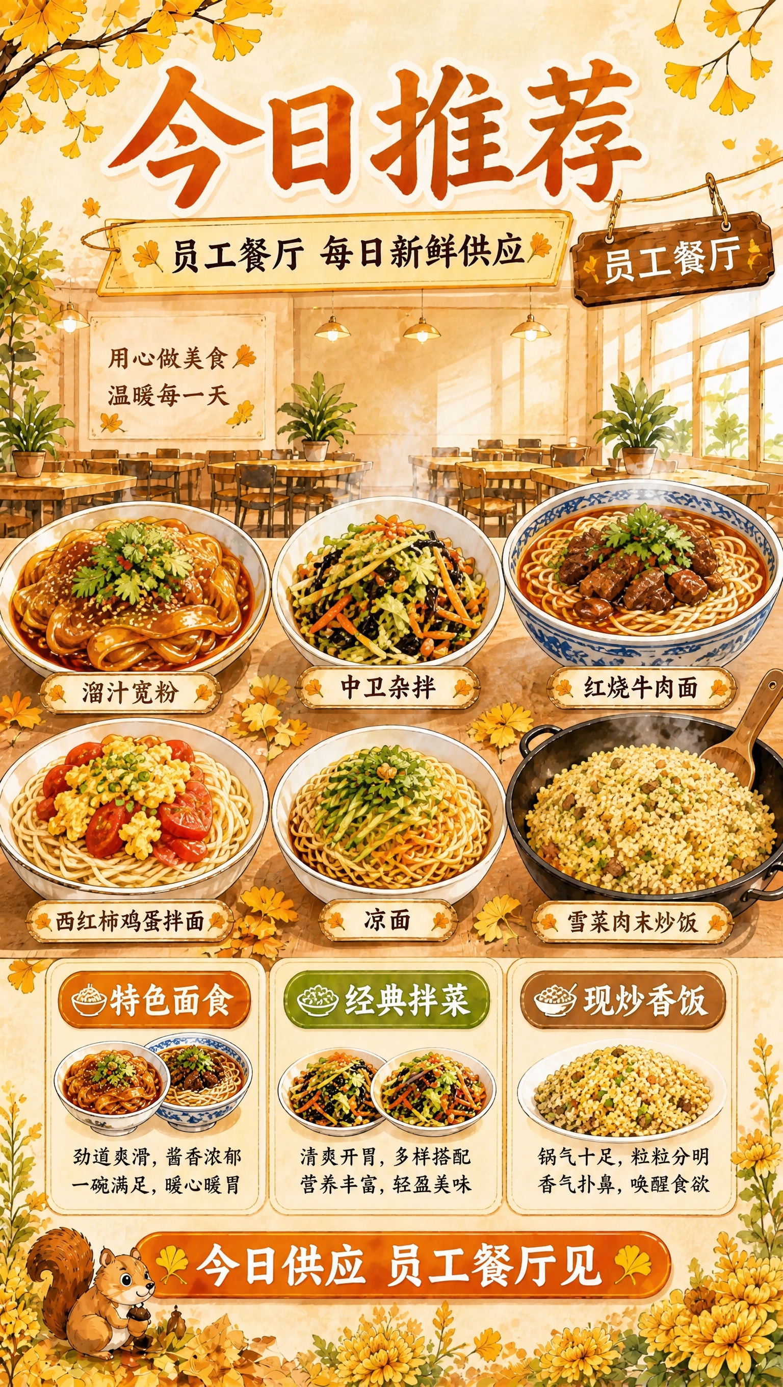 参考图的版式骨架与秋日暖黄手绘风格，将菜品全部替换为今日推荐的… - 图片创意预览