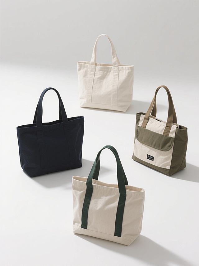 一组4个不同配色、不同样式、不同材质的帆布包元素，采用干净简约的摄影风格，白色背景，柔和侧光形成自然阴影，展现帆布的质感与挺括度。每个帆布包保持独立悬浮状态，排列整齐，视角统一为略微俯视的正面展示，清晰呈现包身结构、手提带设计和整体轮廓。配色包含纯色系与撞色搭配，样式涵盖基础款与带简约装饰款，材质体现不同厚度和纹理的帆布质感，适合作为设计素材使用，画面简洁无文字、LOGO及其他干扰元素，信息传达高效，视觉层级清晰。