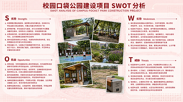 横向宽幅景观分析汇报展板，四象限规整布局，左上S优势、右上W劣势、左下O机遇、右下T威胁，四个象限预留大量留白用于排版大段文案，版面疏密匀称，无多余花哨主图案；版面正中间视觉核心区，3-5张彩色写实实景照片自由交错叠压拼贴、不规则穿插排布，实景内容：校园边角公园入园门头、林下休闲坐憩空间、师生课余活动场地、生态雨水花园、校园便民休憩驿站、校园闲置空地场地肌理、景观小品设施细节；底层铺满浅粉色校园口袋公园总平面线稿底纹，搭配细圆点、细网格简约矢量几何纹样丰富画面层次；整体主色调柔和低饱和粉色系，浅粉、裸粉为底色，所有标题与正文文字统一深红色，少量米白几何色块点缀装饰线条；实景照片自然彩色写实，艺术重叠拼贴效果，装饰线条极简扁平化矢量风，无繁杂雕花冗余装饰；版面顶部置顶中英双语加粗无衬线大标题，四个象限内SWOT正文无衬线字体、左对齐、段落饱满文字量大；风格现代专业商务+文艺拼贴，兼具校园项目严谨学术感与校园人文温馨氛围，竞赛汇报展板，8K高清，细腻质感。文案信息：S 优势 Strengths 1. 校园零散闲置边角绿地、废弃硬化空地存量充足，地块碎片化特征适配口袋公园落地，闲置土地盘活利用空间广阔 2. 紧邻教学楼、学生宿舍区与食堂，步行5分钟服务半径覆盖海量师生群体，日常到访人流量稳定，场地使用频次高 3. 坐落校园内部，校内路网完善无城市交通阻隔，师生随时随地可达，出行便捷度远超城市街边绿地 4. 填补校园现有绿化分布盲区，完善校内绿地系统布局，优化校园整体生态环境与休闲空间配比 5. 项目体量小巧，分段施工可错峰避开教学作息，施工工期短、施工干扰小，落地实施门槛低，还能对接园林、环艺等专业开展现场实训教学  W 劣势 Weaknesses 1. 单处建设地块普遍占地面积狭小，空间尺度受限，难以同时承载研学、运动、休闲多类功能，功能布局受限 2. 校园地下给排水、强弱电、燃气管线排布密集杂乱，前期勘测与场地改造施工约束多，施工容错率低 3. 受众包含低年级学生、在校师生、留校教职工，年龄与使用需求跨度大，全年龄段设施配比很难做到均衡适配 4. 校园专项绿化养护经费有限，缺少专职管护班组，后期日常保洁、植被养护、设施修缮的长效管理制度不完善 5. 原生场地高低落差杂乱，围墙、建筑边角边界零碎，土方平整与竖向设计工程量偏大，增加设计施工难度  O 机会 Opportunities 1. 绿色校园、文明校园建设纳入高校考核指标，校内微更新改造拥有专项政策与专项资金扶持，立项申报优势突出 2. 当代师生愈发重视户外放松、自然研学，远离教室的短途休闲需求持续上涨，口袋公园契合校园休闲发展趋势 3. 国内校园微更新、存量空间改造成为城市更新细分热点，校方、院系普遍鼓励校园空间提质优化，项目落地环境友好 4. 海绵校园建设全面普及，可将雨水花园、原生植被、生态滞留设施融入设计，新技术落地试验场景充足 5. 智慧校园稳步建设，太阳能照明、智能休憩座椅、环境监测等轻量化智慧景观设施，拥有丰富的落地试用场景  T 威胁 Threats 1. 校园原有中心大草坪、运动场、环湖景观带分流部分人流，同类休闲场地竞争下容易出现局部区域闲置、利用率不均问题 2. 苗木建材、人工施工、后期管护物价逐年上浮，整体建设与逐年运维成本持续上涨，易超出校园年度绿化预算 3. 场地临近宿舍楼，施工噪音、植物异味、夜间灯光容易引发周边住宿师生异议，多方意见协调沟通耗时耗力 4. 地块偏小、土壤原生环境一般，植被密集栽种后土壤承载力有限，过度使用易出现板结、绿植退化等生态问题 5. 校园考试周、封校管控、大型活动等突发情况，会阶段性限制园区开放，大幅降低场地全年综合使用效率