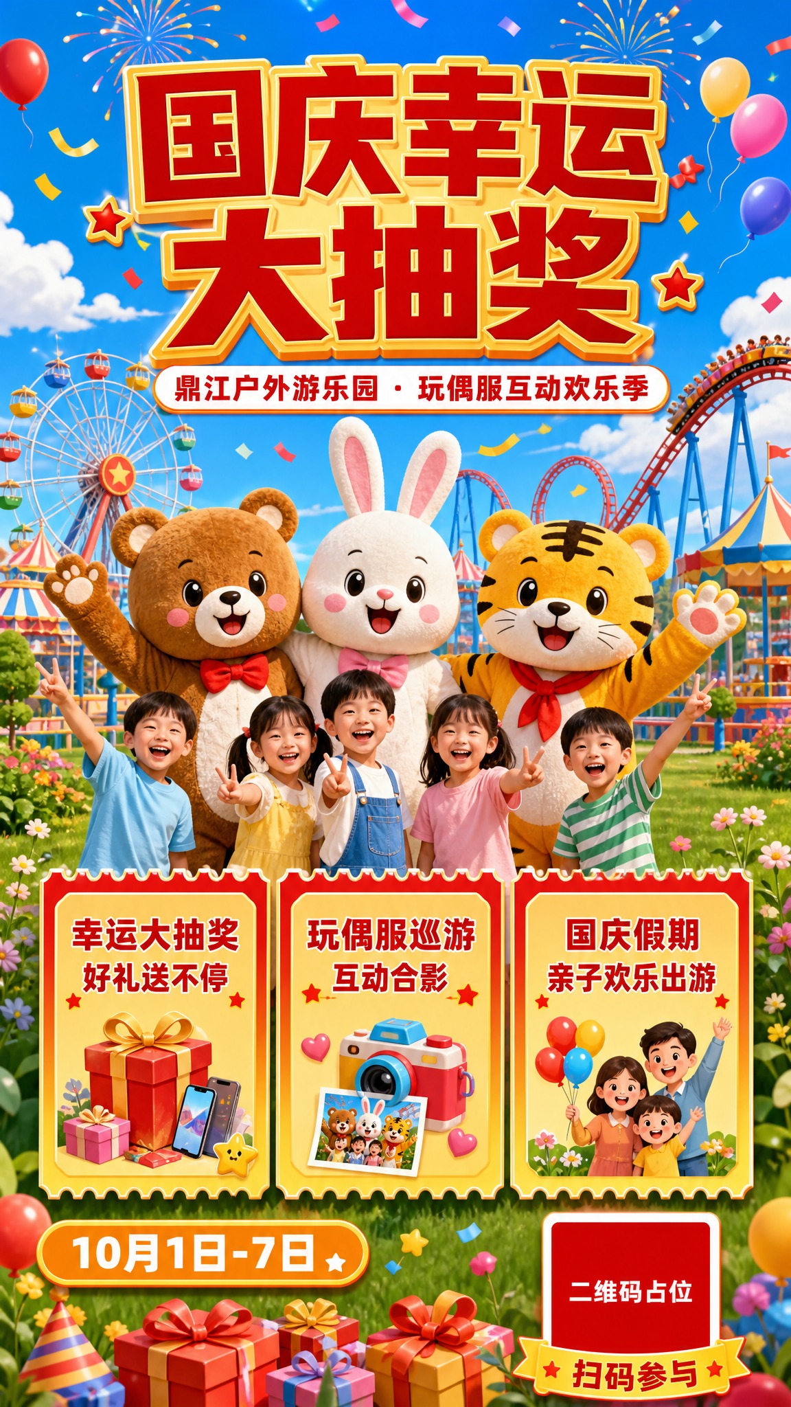 鼎江户外游乐园国庆幸运大抽奖活动海报，竖版9:16，欢乐活泼童… - 图片创意预览