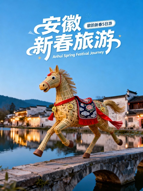 一匹 3D 卡通竹编马形象，天然竹黄和竹篾交错编织，身形轻盈灵动，神情活泼俏皮，正踏着轻快的步子奔过古桥，马背搭着绣有徽派缠枝莲与祥云纹的织锦鞍垫，鞍边垂挂的红绸流苏随风轻摆，马身还点缀着小巧的金色福预览效果