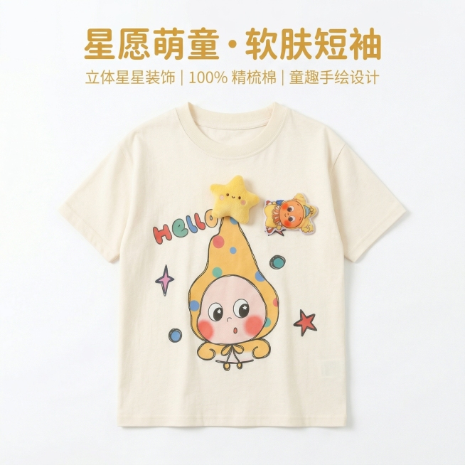 严格还原上传的产品图，包括包装设计、颜色、LOGO位置、文字内容、图案元素等所有细节，产品为米白色儿童短袖T恤，带有立体黄色星星布艺装饰与卡通IP印花图案，画面采用杂志级精致排版，主标题“星愿萌童・软预览效果
