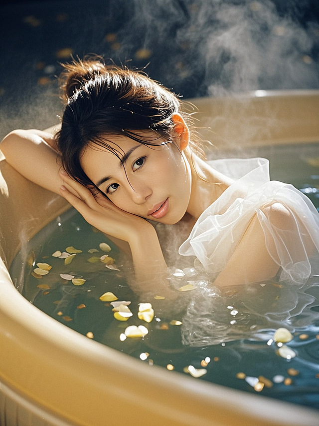 梦幻浪漫的浴缸场景，柔和光影与花瓣交织，营造出舒适唯美的油画风氛围。