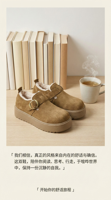 大图： 回归安静。一张极简的图片：鞋子单独放在一排书前，旁边一杯清茶。

文案： 一段简短、有力量的文字，如：「 我们相信，真正的风格来自内在的舒适与确信。这双鞋，陪伴你阅读、思考、行走，于喧哗世界中预览效果