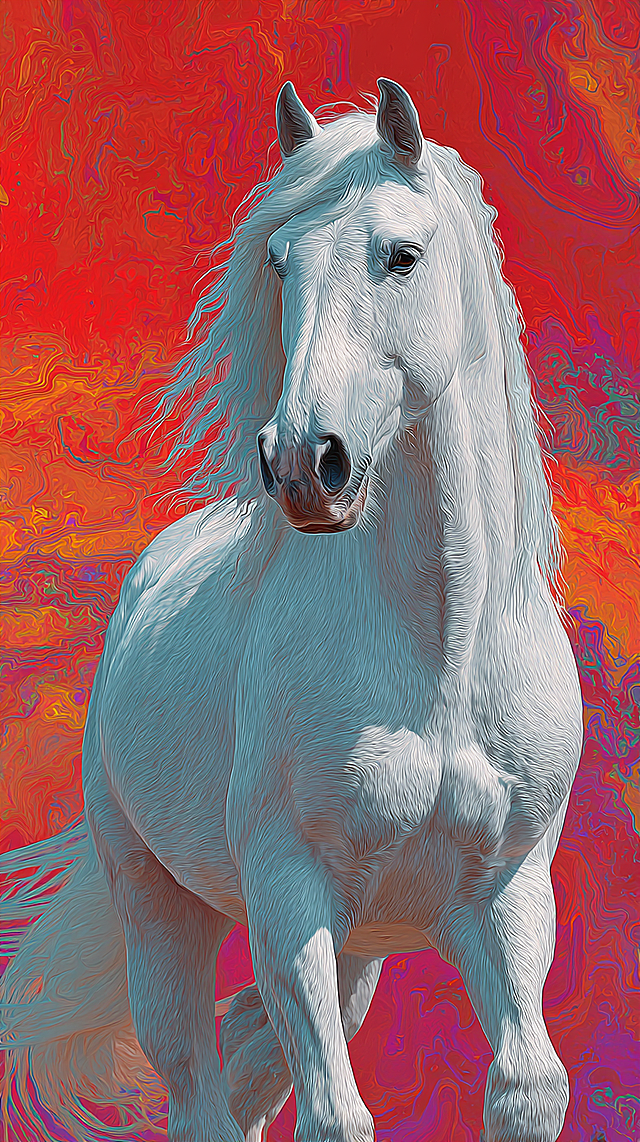 梦幻感与唯美感交织，白驹立于液态风背景，厚涂技法塑造体积感，光影流动间展现油画风的优雅与虚拟自然的神秘。