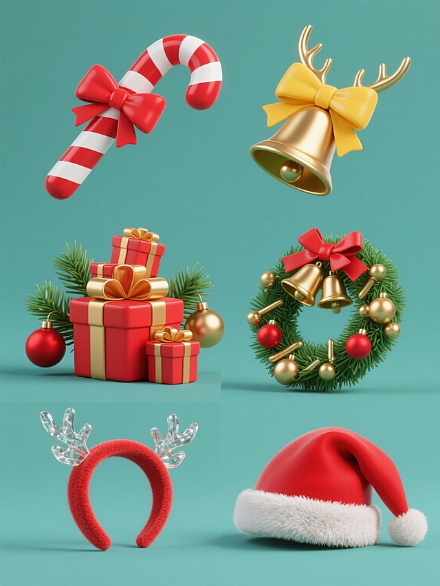 纯色背景下，6个完全不同材质的同元素同造型圣诞系列素材集合规整排布，3D立体风格。包含红白条纹拐杖糖配红色蝴蝶结、红白条纹拐杖糖配黄色蝴蝶结及金色铃铛、绿色松枝点缀金色红色圣诞球的礼物盒、红色金色装饰的圣诞花环与铃铛、堆叠的红色金色礼盒群、红色圣诞帽与鹿角发箍，材质分别为光滑塑料、磨砂金属、哑光陶瓷、透明水晶、拉丝金属、绒毛布料，每个元素保持原造型特征，光影清晰有立体感，整体设计感强，视觉层次分明，信息传达高效。