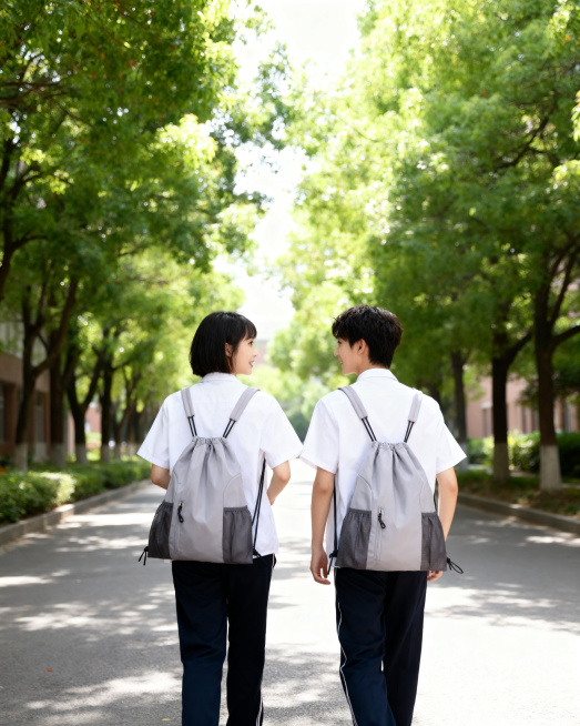 浅灰色拼深灰色抽绳双肩背包，保持产品物理结构绝对不变，颜色和纹理完全和原图一致，严禁扭曲变形。一对东亚年轻男女学生穿白衬衫日式校服并肩走在林荫校园道路上，两人都背着这款双肩背包，自然日光拍摄，浅景深虚预览效果