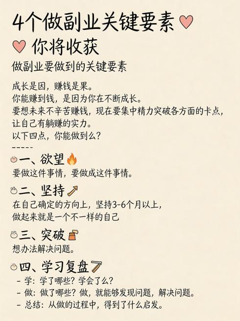 手绘风格竖版中文信息卡，内容为：4个做副业关键要素 💗你将收获 做副业要做到的关键要素 成长是因，赚钱是果。你能赚到钱，是因为你在不断成长。要想未来不辛苦赚钱，现在要集中精力突破各方面的卡点，让自己预览效果