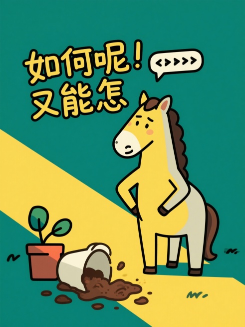 现代平面设计风格幽默海报，一只动画马面对打翻的花盆和洒落的泥土，做出耸肩摊蹄的无奈又好笑的表情。手写风格的艺术字“如何呢 又能怎”以对话框或随意漂浮的弹幕形式出现在它头顶或周围。画面干净，色彩明快（亮预览效果