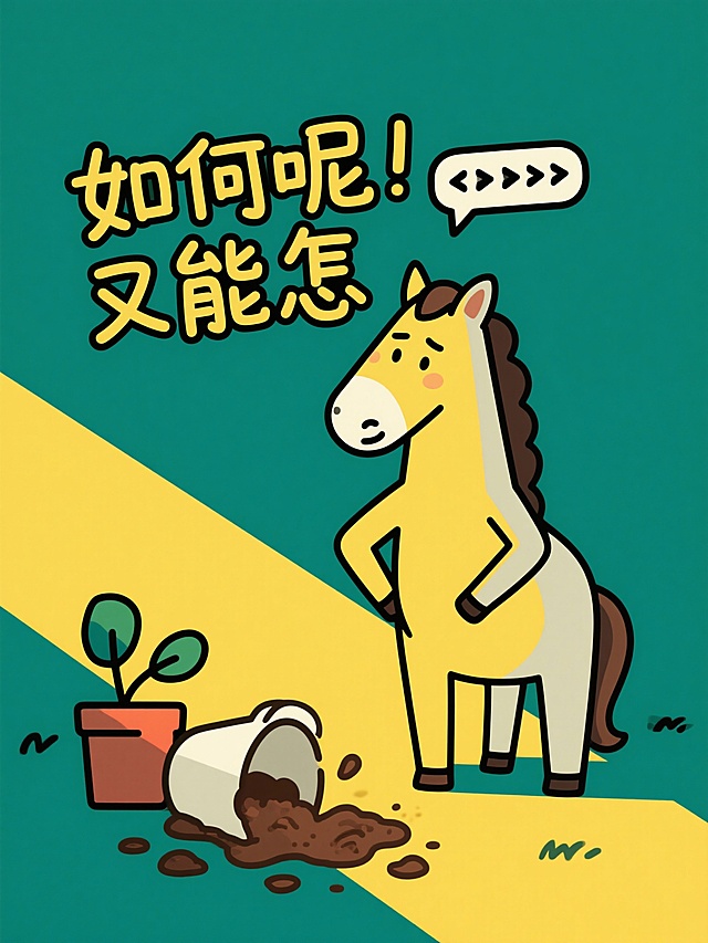 现代平面设计风格幽默海报，一只动画马面对打翻的花盆和洒落的泥土，做出耸肩摊蹄的无奈又好笑的表情。手写风格的艺术字“如何呢 又能怎”以对话框或随意漂浮的弹幕形式出现在它头顶或周围。画面干净，色彩明快（亮黄、浅绿），字体轻松活泼，与混乱场景形成幽默对比，突出豁达态度。 --no childish, flat illustration, pure text