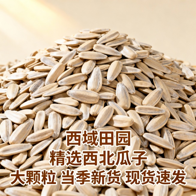 生成十张的葵花籽电商主图，重在瓜子特点宣传，精选西北瓜子，颗粒饱满，大颗粒，只卖精选今年当季新货，现货速发，生瓜子，西域田园出品；图片中不能有人物，不要瓜子包装袋预览效果