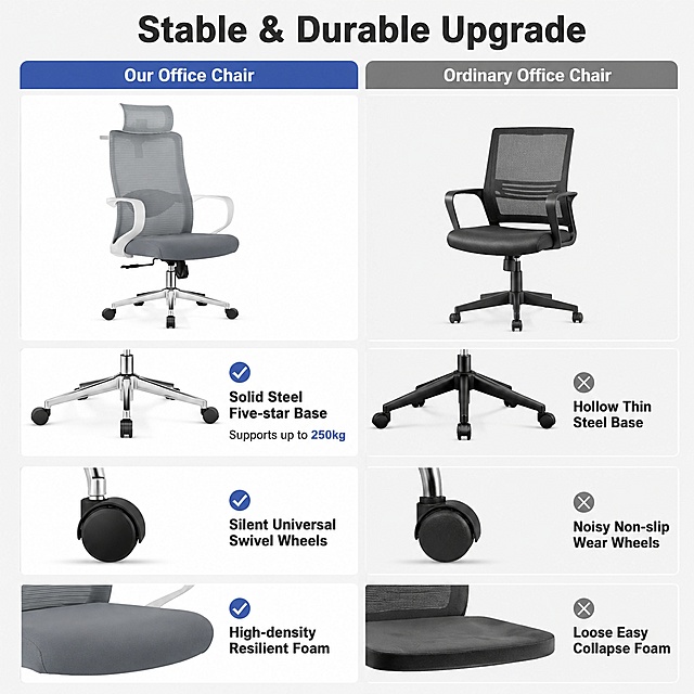 [Stability & Adaptability Introduction] Office chair stability and multi-scene adaptability display. Two-column comparison layout, left column shows this office chair, right column shows ordinary office chair. Top title text "Stable & Durable Upgrade". Upper three rows of comparison: first row base, this chair uses "Solid Steel Five-star Base" with weight capacity annotation "Supports up to 250kg", ordinary base is hollow thin steel. Second row wheel, this chair uses "Silent Universal Swivel Wheels" vs "Noisy Non-slip Wear Wheels". Third row cushion, "High-density Resilient Foam" vs "Loose Easy Collapse Foam", each item marked with check mark and cross mark. Background low saturation unified light gray, all text in English, clear contrast, layout neat. 1:1 square ratio, ultra high definition commercial photography quality. Keep original product appearance completely consistent with input image. Negative prompt: deformation, text confusion, blurred product image, cluttered background, watermark, e-commerce platform logo.