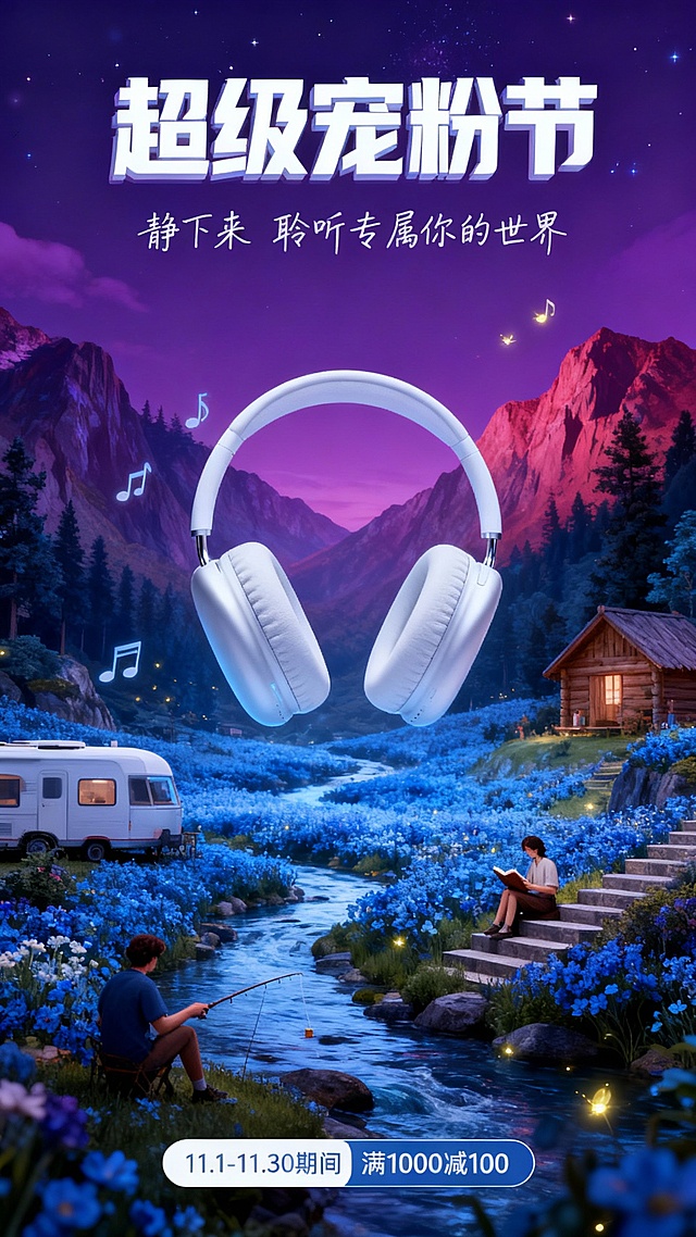 一个巨大的图中主体漂浮在蓝色花海与溪流环绕的奇幻山谷中，周围有房车、小木屋和人物在休闲娱乐，有人在钓鱼、阅读、坐在阶梯上听音乐，空中飘着音符和萤火虫，背景是紫红色山脉与森林，夜空下静谧而浪漫，画面充满童话感与未来科技感，色彩梦幻，上方有白色主标题3D文字“超级宠粉节”，主标题下为手写白色副标题文字“静下来 聆听专属你的世界”，底部有折扣标签“11.1-11.30期间 满1000减100”，风格为超现实插画，3D渲染，细腻光影，治愈系氛围。