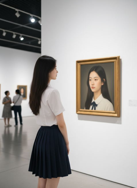斜拍背面视角，在一个艺术展厅里，参考图人物在欣赏墙上挂着的一幅风格写实的油画，画中人物形象与该人物呼应，画要显示完整，远处有其他参观的人，画面是明亮射灯营造的自然氛围。预览效果