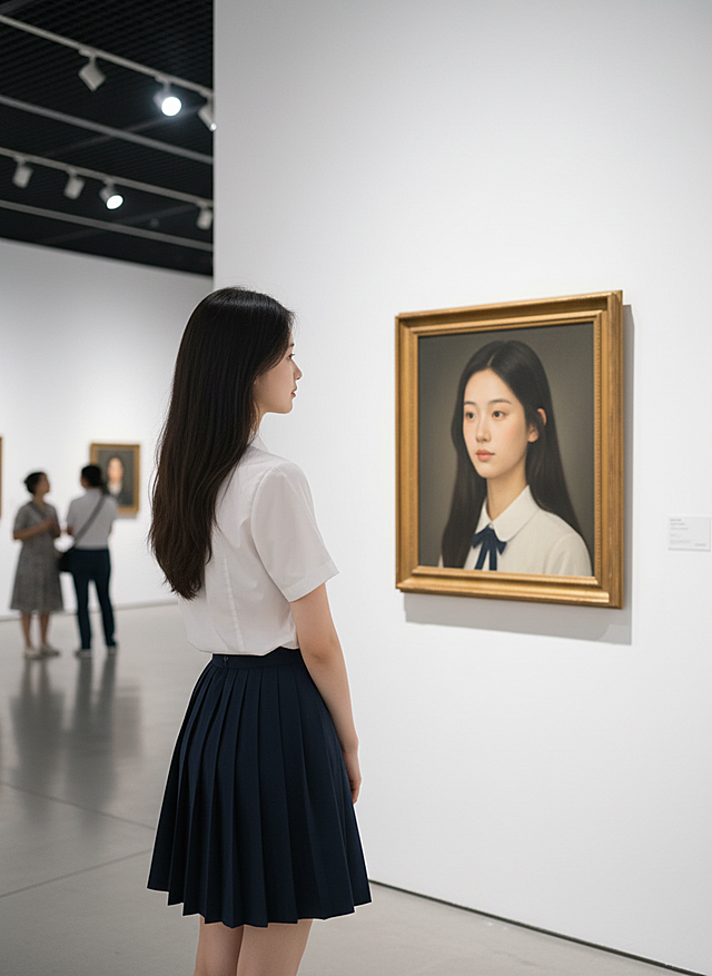 油画风写实肖像，女孩凝视画中自己，实景感与文艺感交织，优雅静谧，展现艺术与自我的对话。