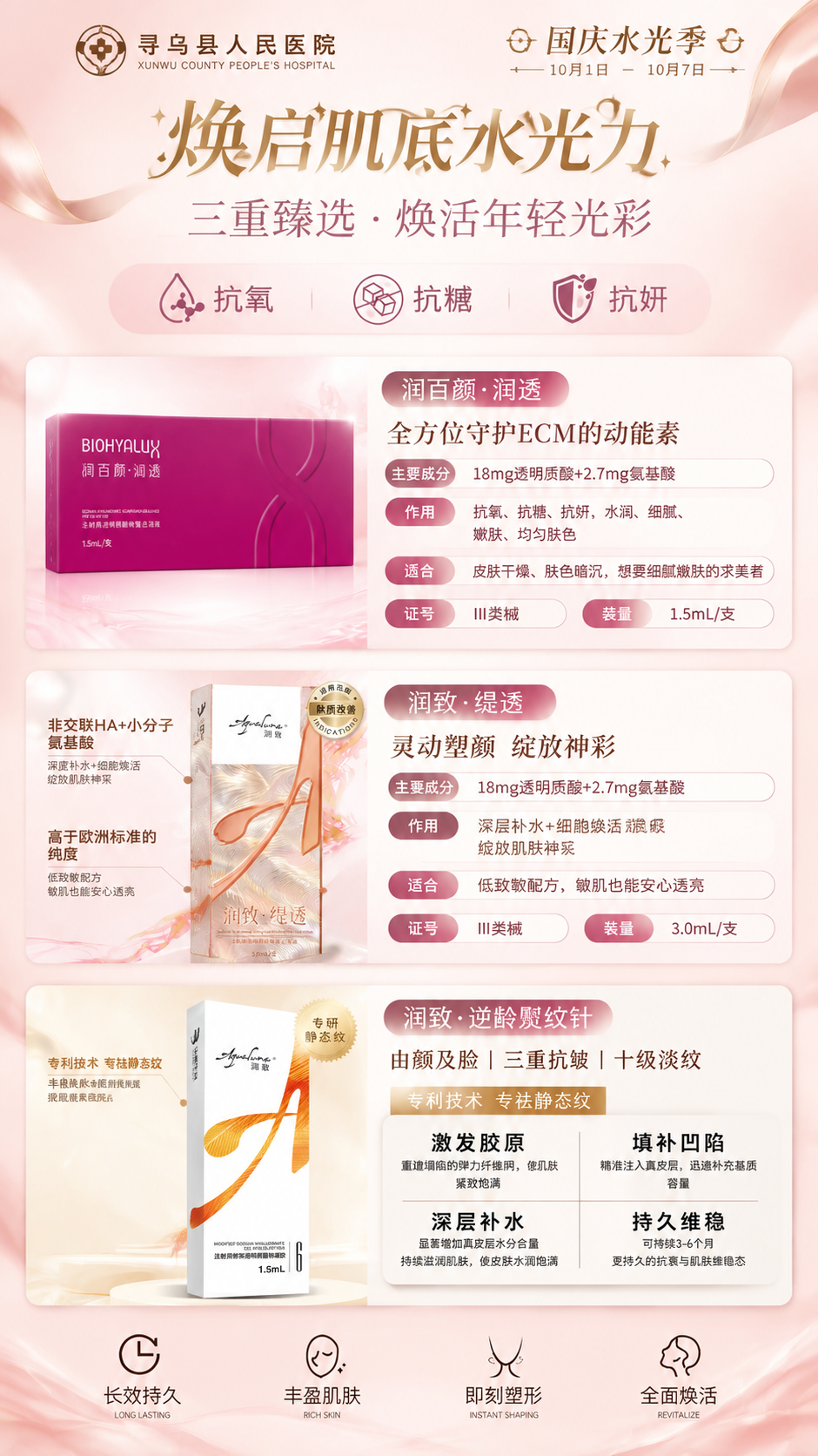 重新生成寻乌县人民医院国庆水光季活动海报，竖版9:16，粉白+… - 图片创意预览