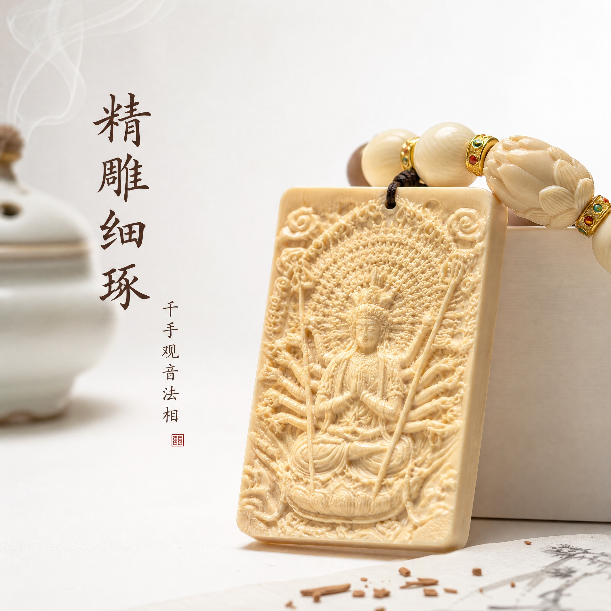 [主图-3] 细节与工艺展示，突出千手观音雕牌的精湛雕刻工艺与… - 图片创意预览
