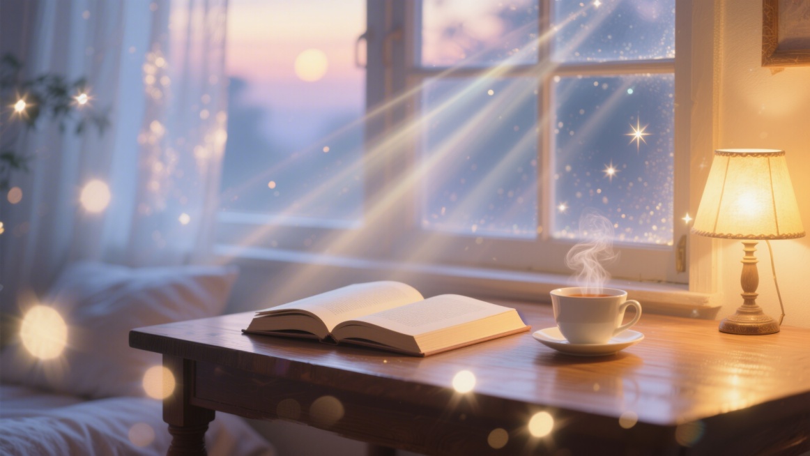 温馨治愈的书籍封面场景，温暖柔和的室内角落，靠窗的木质书桌放着一本打开的书，旁边有一杯冒着热气的茶，暖黄的灯光，窗外是柔和的暮色，整体氛围安静舒适，适合睡前氛围，画面中没有任何文字，温馨治愈风格，柔焦预览效果