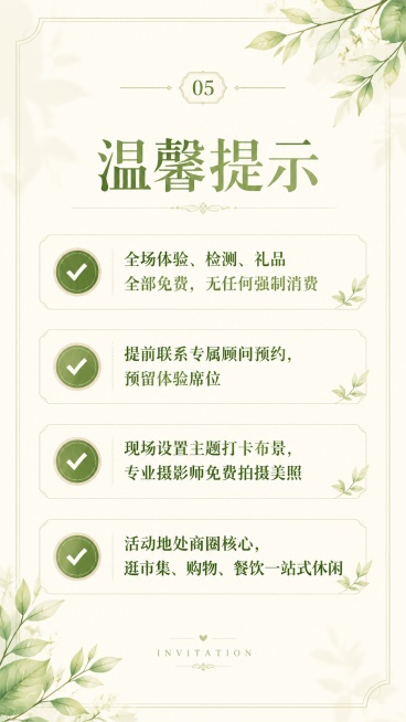 H5邀请函内页第五页，保持和前面一致的清新雅致风格，浅米色干净背景，浅绿色植物点缀，标题大字"温馨提示"居中放置，内容分点排版，文字清晰：
✅ 全场体验、检测、礼品全部免费，无任何强制消费
✅ 提前联预览效果