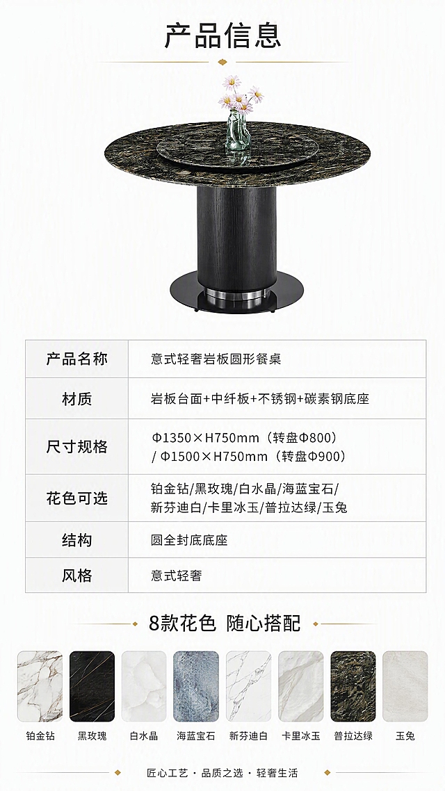 [第8张] 详情页产品信息页-规格参数表+全花色总览收口。本张使用【图1】作为产品参考，展示完整参数信息。
[氛围/风格] 简约专业参数页，清晰易读，品牌感收尾。
[元素布局] 画面上方为产品小图（普拉达绿花色餐桌），占比约30%；中间为详细规格参数表格；下方为8款花色小色块总览；背景为纯白色+浅灰色分割线；整体干净专业。
[光影质感] 均匀平光，产品图清晰，表格文字锐利，整体明亮干净。
[配色色系] 全局底色纯白#FFFFFF；主色深灰文字+黑色产品；辅助色浅灰表格线、金色点缀。
[视角构图] 上下分区构图，上产品图+中参数表+下花色条，阅读动线上→下，信息层层递进。
[文字版式] 版式为上产品+下参数表。顶部标题「产品信息」；参数表包含：产品名称「意式轻奢岩板圆形餐桌」，材质「岩板台面+中纤板+不锈钢+碳素钢底座」，尺寸规格「Φ1350×H750mm（转盘Φ800）/ Φ1500×H750mm（转盘Φ900）」，花色可选「铂金钻/黑玫瑰/白水晶/海蓝宝石/新芬迪白/卡里冰玉/普拉达绿/玉兔」，结构「圆全封底底座」，风格「意式轻奢」；底部8款花色小色块横排，标注「8款花色 随心搭配」。
[比例分辨率] 9:16竖版比例，4K分辨率，文字清晰可辨，高清画质。
[负向提示词] 参数错误，文字模糊，水印，文字错乱，花色缺失，表格变形。